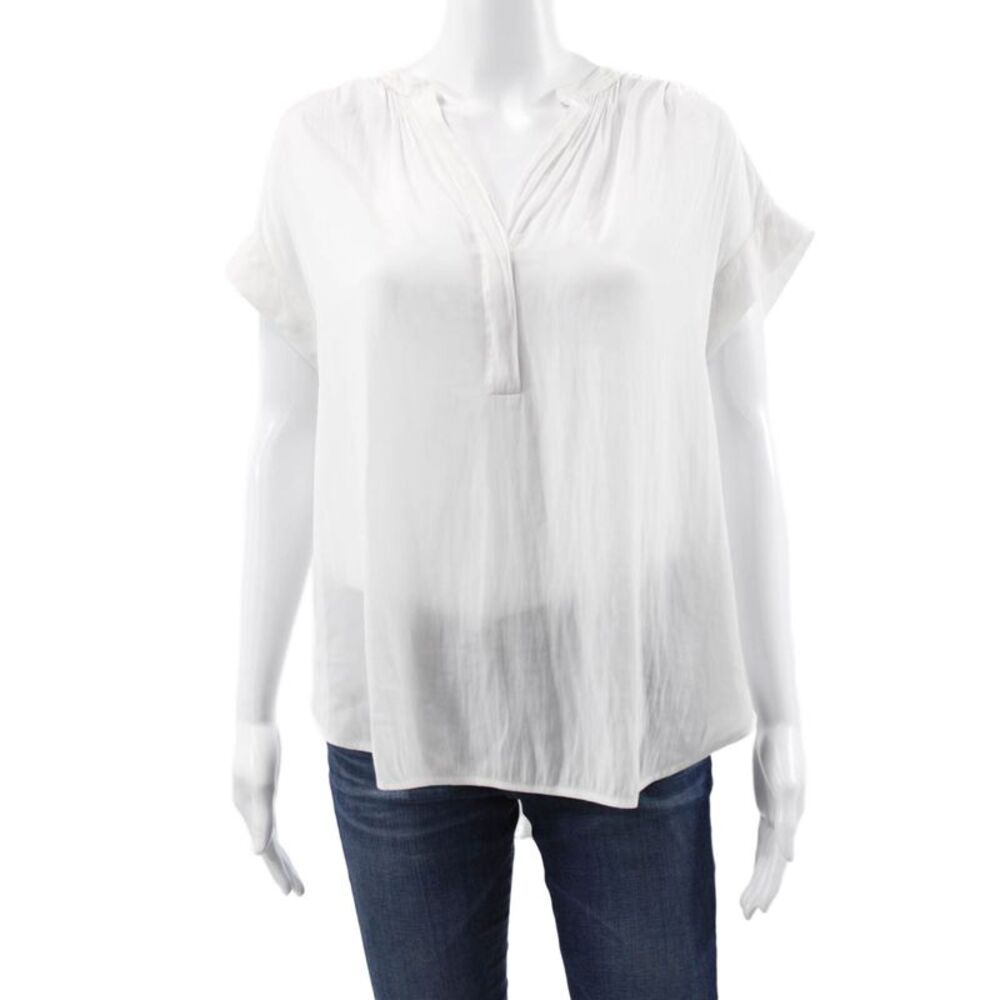 R Label Women Basic Silk Blend Henley Short Sleeve Blouse White Size XS